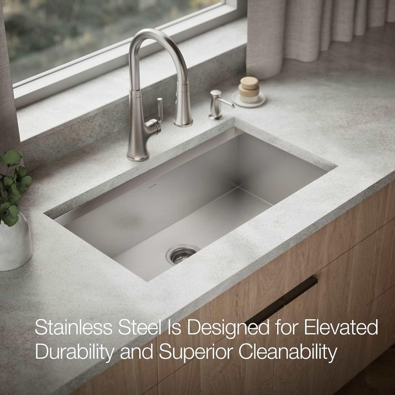 KOHLER 80084-2PC-NA Task™ 33" Top-/Undermount Single-Bowl Workstation Sink, Includes Kitchen Sink Accessories, Stainless Steel, 2 Faucet Holes