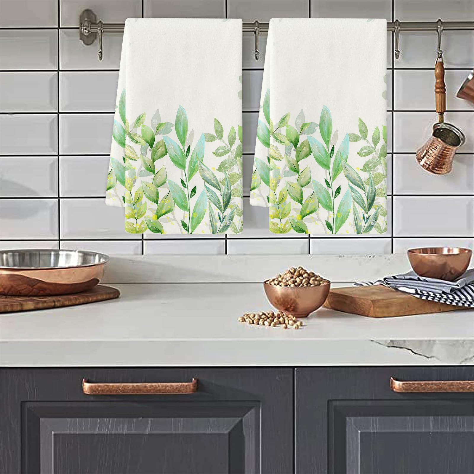 Strofinacci Cucina Foglie Verde Beige Canovacci Cucina Assorbente Microfibra Morbido e Lavabile Asciugamani Cucina Decorativi per Bagno Ristorante 4 Pezzi (40x60 cm)