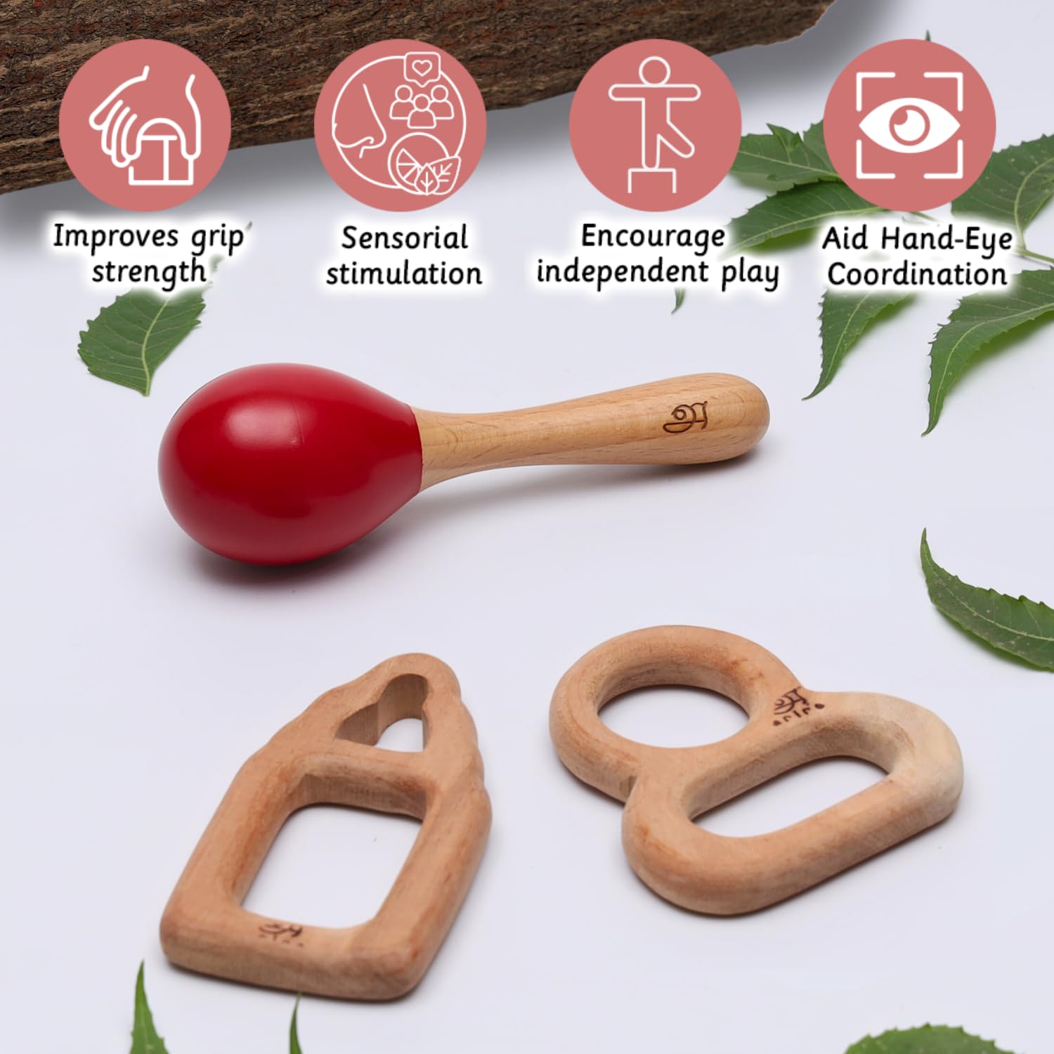 Ariro Wooden Infant Teethers Gift Set-3 For Baby Boy & Girl|Hand Crafted With Organic Neem Wood That Helps Boost Immunity & Aids In Digestion|Easy To Grasp & Chew - Image 4 thumbnail