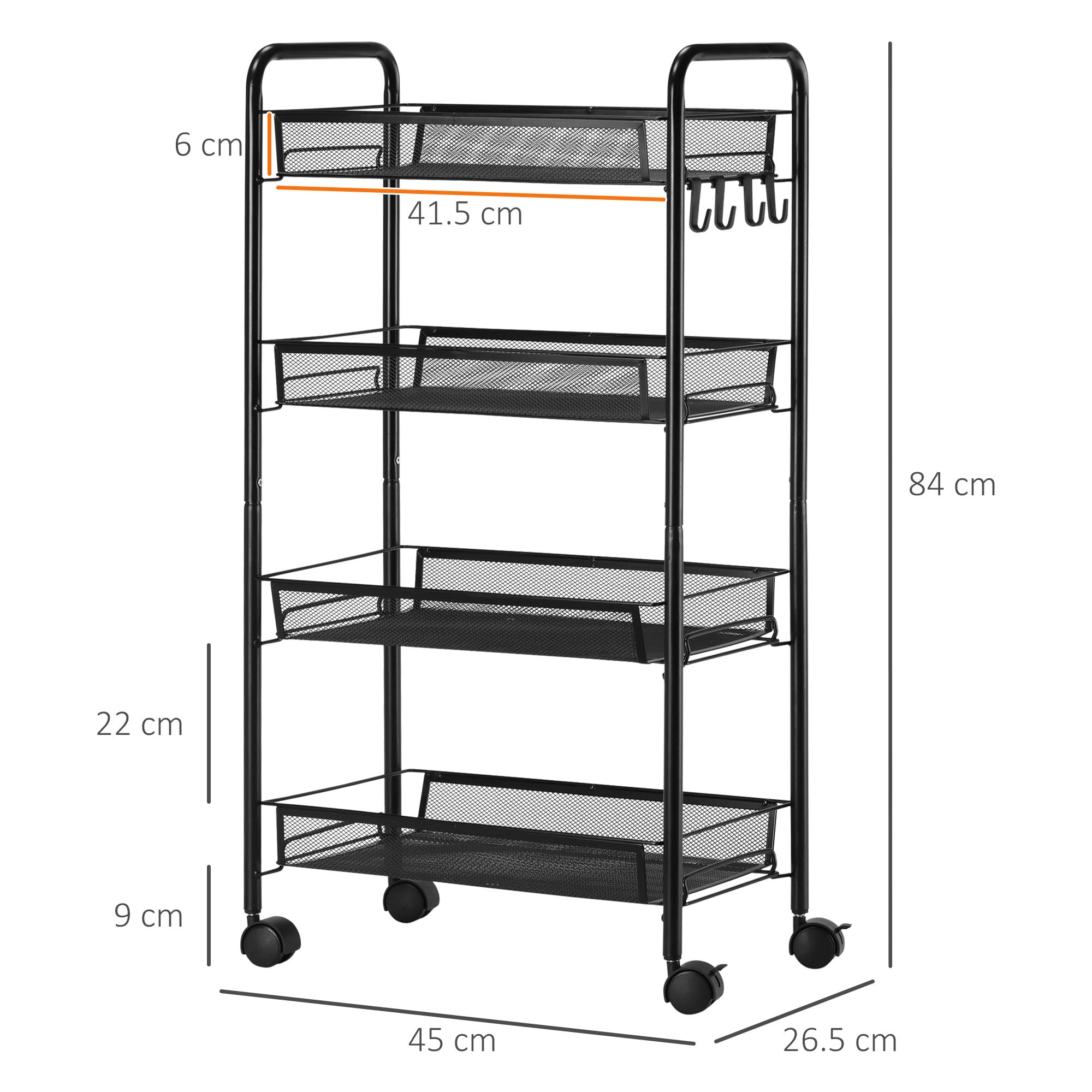 HOMCOM Carrello da Cucina Salvaspazio a 4 Livelli con Cestini a Rete, Carrello Portaoggetti per Salotto e Camera in Acciaio, 45x26.5x84 cm, Nero