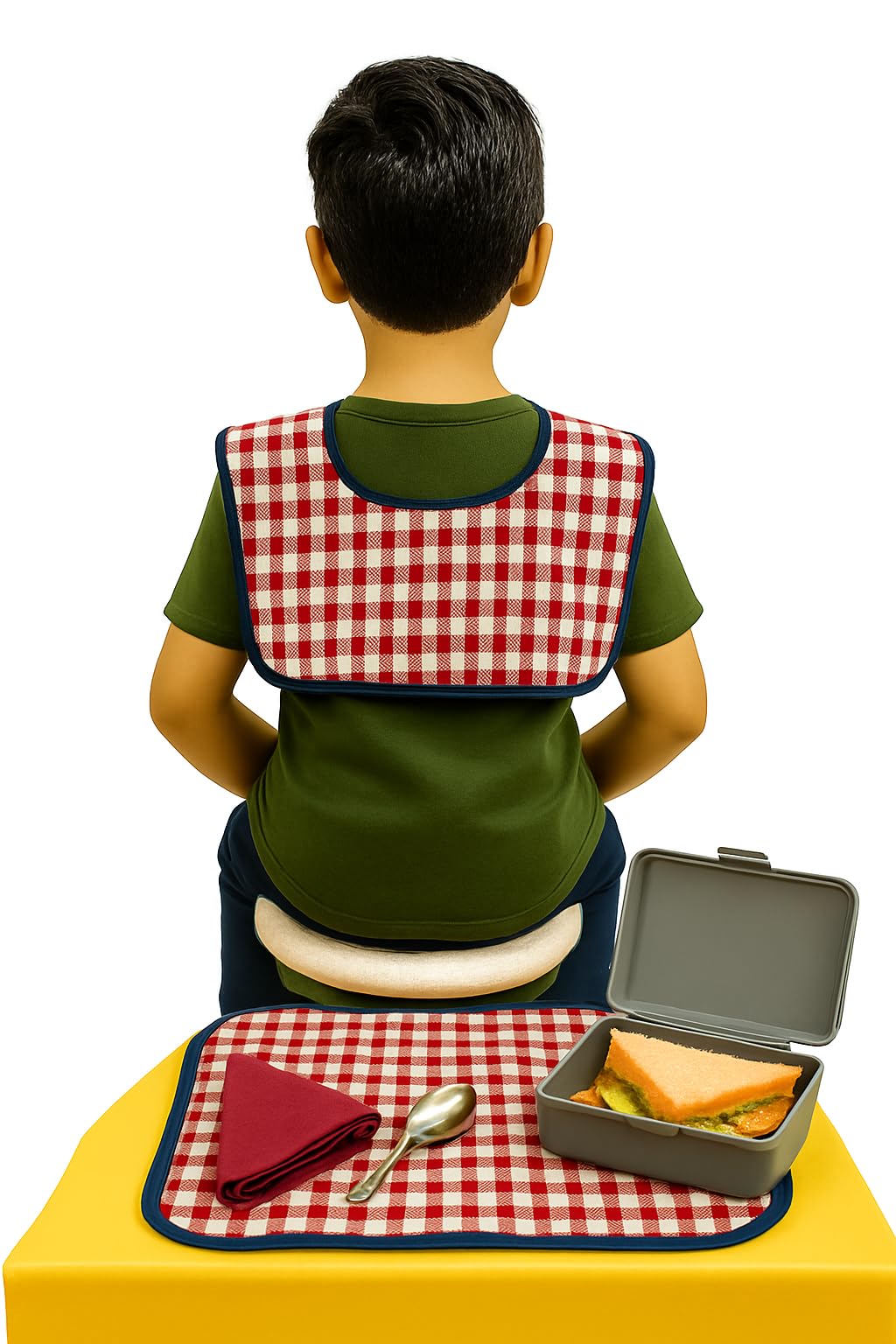 MAKSTILE Waterproof Kids Bib with Food Mat | Lightweight & Foldable | Multi-Purpose Clothing Protector for Boys & Girls (6-12 Years) | School Lunch, Eating, Painting, Craft & Travel(Red Check) - Image 3 thumbnail