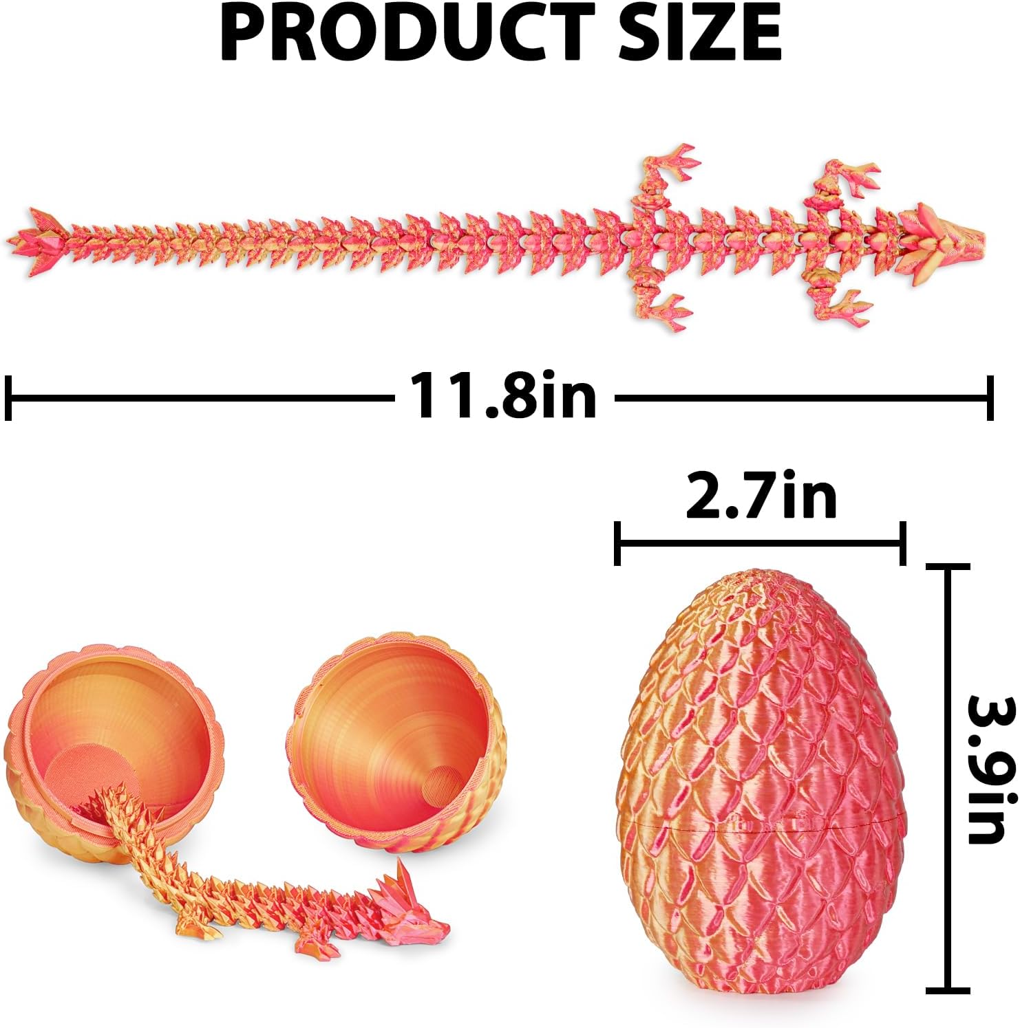 3D Printed Dragon Egg with Dragon Inside, Articulated Crystal Dragon Fidget Toy for Home Office Decor Executive Desk Toys, Easter Basket Stuffers for Adults and Kids (Laser Red, H:3.9 Inch)