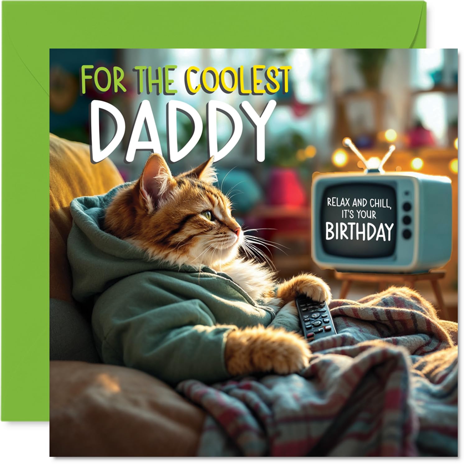 Daddy Birthday Card - TV Cat - Happy Birthday Card for Daddy from Son Daughter, 145mm Cat Celebration Bday Greeting Cards