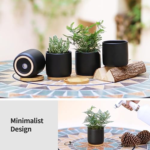 Miniatura 3 de Macetas de cerámica de 4 pulgadas con agujeros de drenaje y bandejas, adorable maceta cilíndrica pequeña para plantas de interior, suculentas,