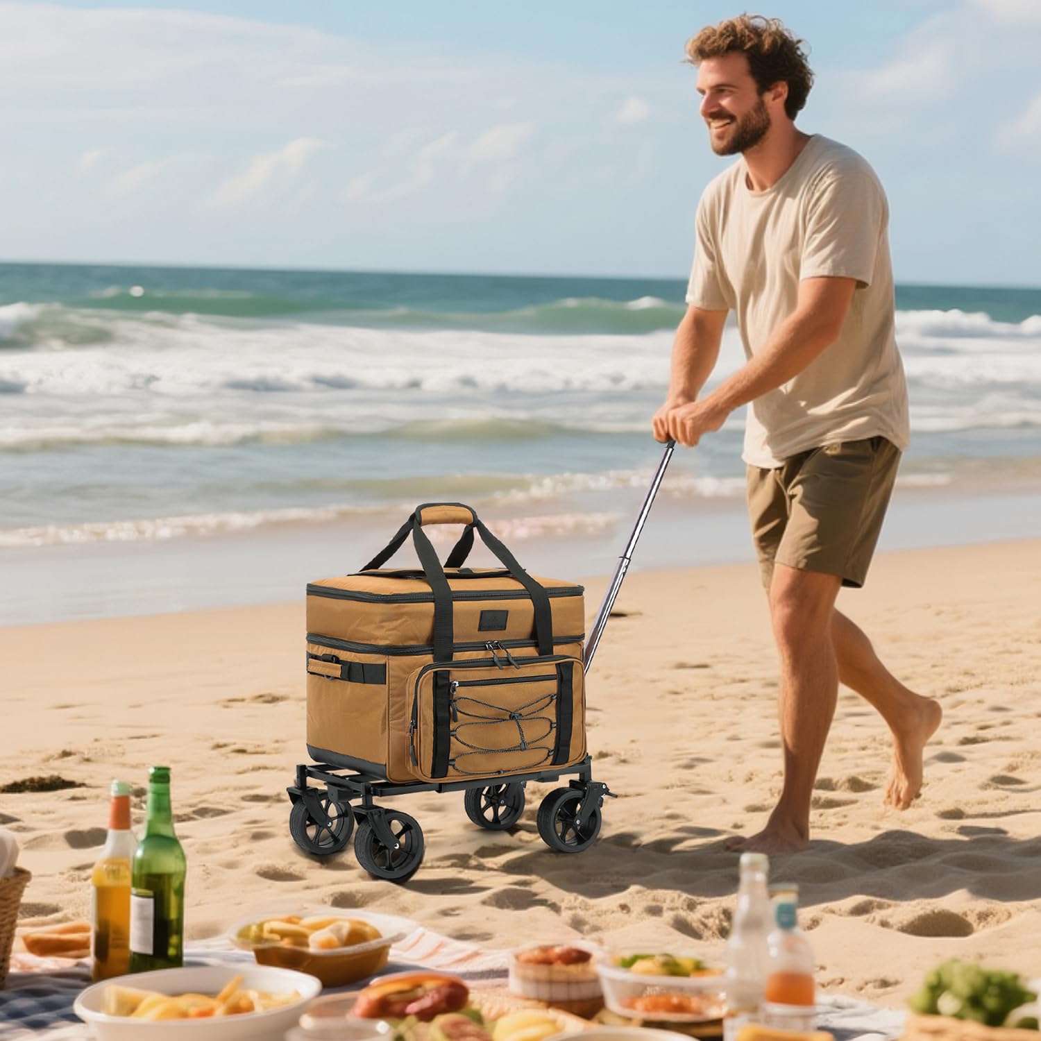 Enfriador portátil con ruedas extra grande para 85 latas, doble cubierta, resistente con ruedas todo terreno, a prueba de fugas, táctico de lados suaves para playa, campamento, picnic, viajes, marrón 8