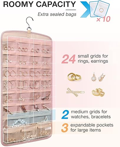 Miniatura 44 de BAGSMART Organizador de joyas colgante con colgador, ganchos de metal, soporte de joyería de doble cara para aretes, collares, anillos en el Negro