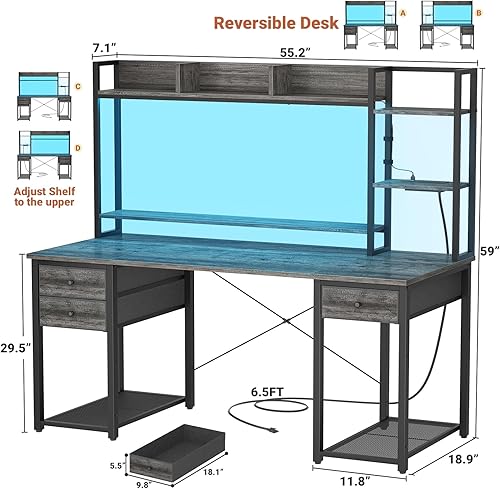 Miniatura 2 de Aheaplus Escritorio con LED y tomacorrientes, escritorio para juegos con gabinete, escritorio de computadora de 47.2 pulgadas con cajones,