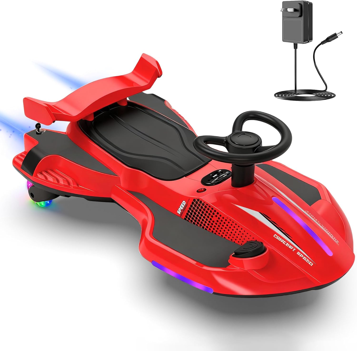 12V Electric Wiggle Car with Pedal for Kids, Rechargeable 2 in 1 Swing Car, Drifting Ride On Toys with Backrest, Anti-Rollover, Spray, Flashing Light, Music, for Ages 3 and Up(Red-Black)