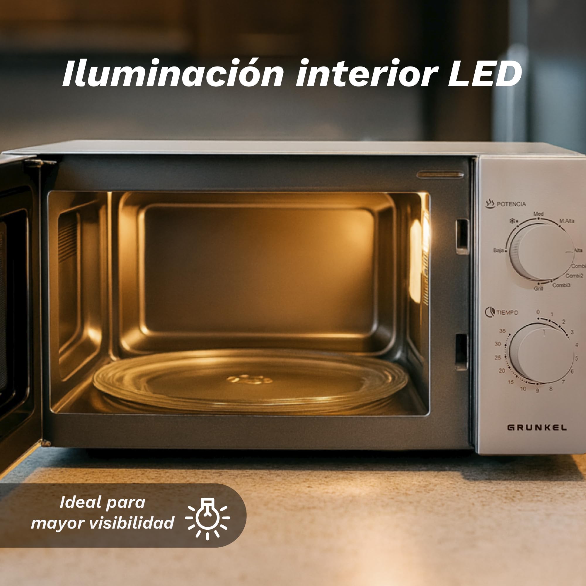 Grunkel - Microondas en color acero inoxidable de 20L y 700W y 5-6 niveles de potencia Sin/Con Grill +900W Función descongelación y temporizador hasta 35 minutos (Con Grill)