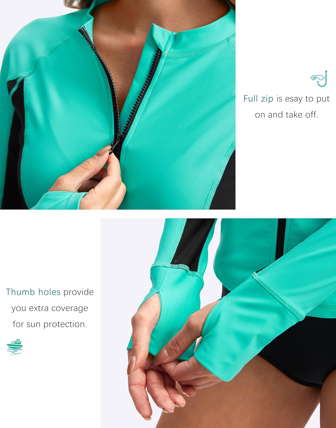 SANTINY Women's Rash Guard Zipper Pockets UPF50+ Sun Protection Long Sleeve Swimsuit Top Zip Front Swim Shirt for Women - Image 5