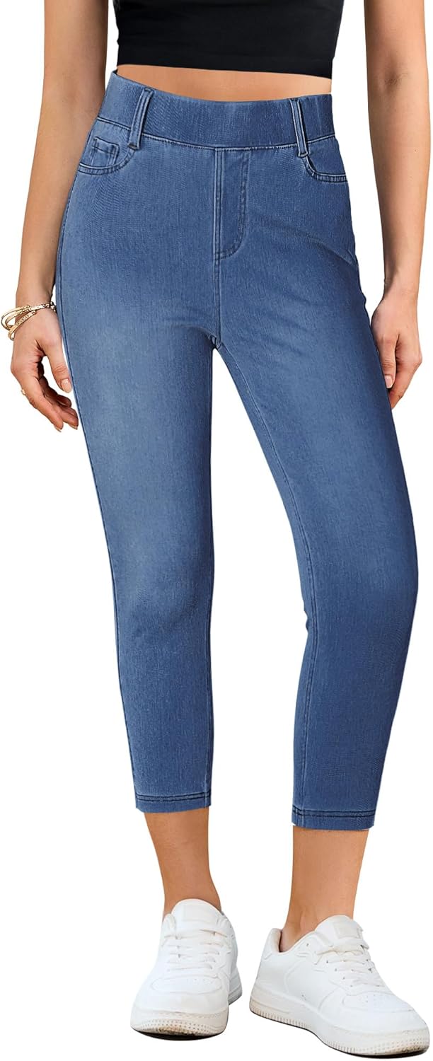 GRAPENT Capri Jeans for Women Skinny High Waisted Pull On Elastic Waist Knit Jeggings Comfy Stretchy Denim Capris Pants