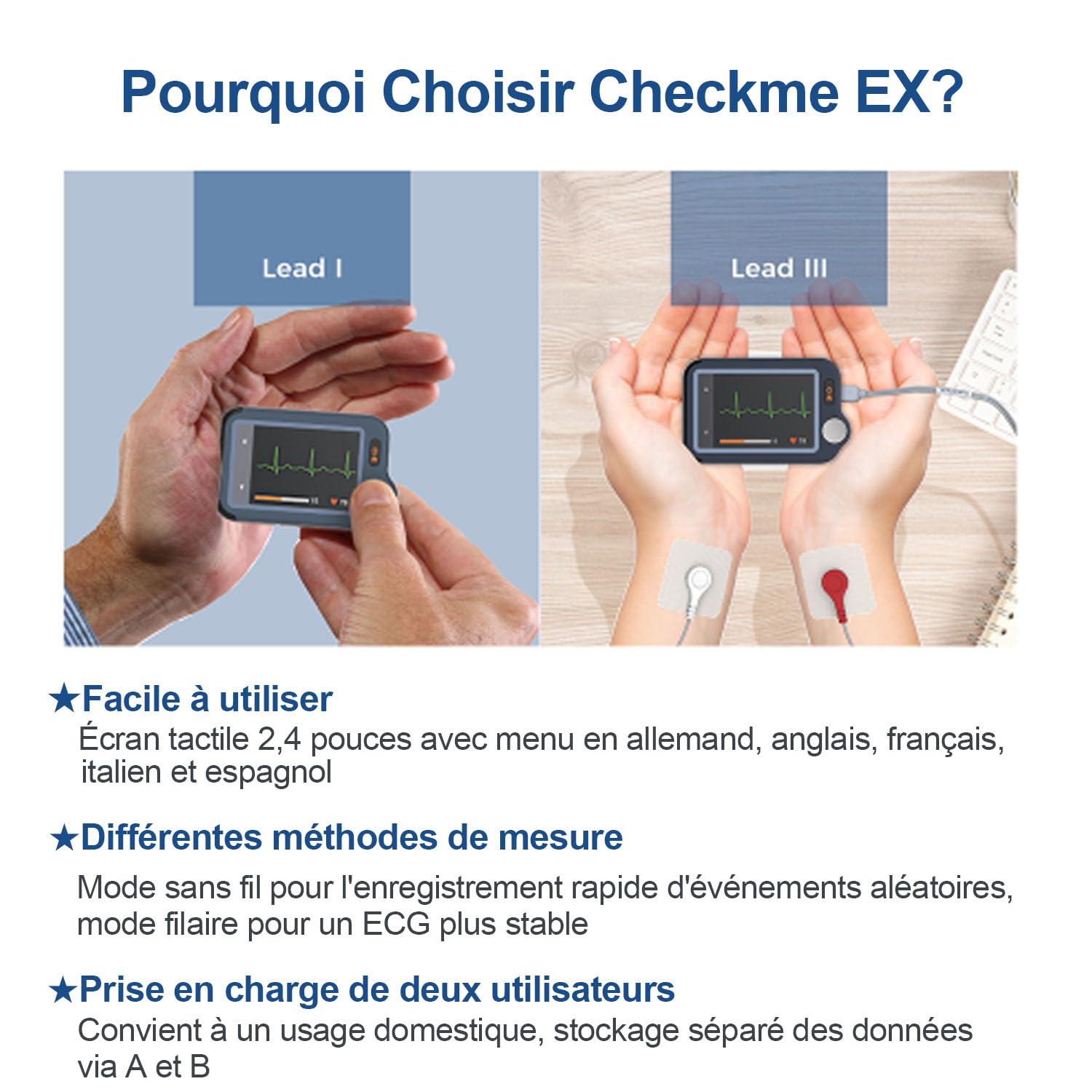 CheckMe Plus Appareil ECG Portable pour Usage Domestique, Fonction d'Analyse ECG, 30s 60s 5min Moniteur ECG Bluetooth avec Affichage en Temps Réel, Mémoire Illimitée (Smartphone et PC)