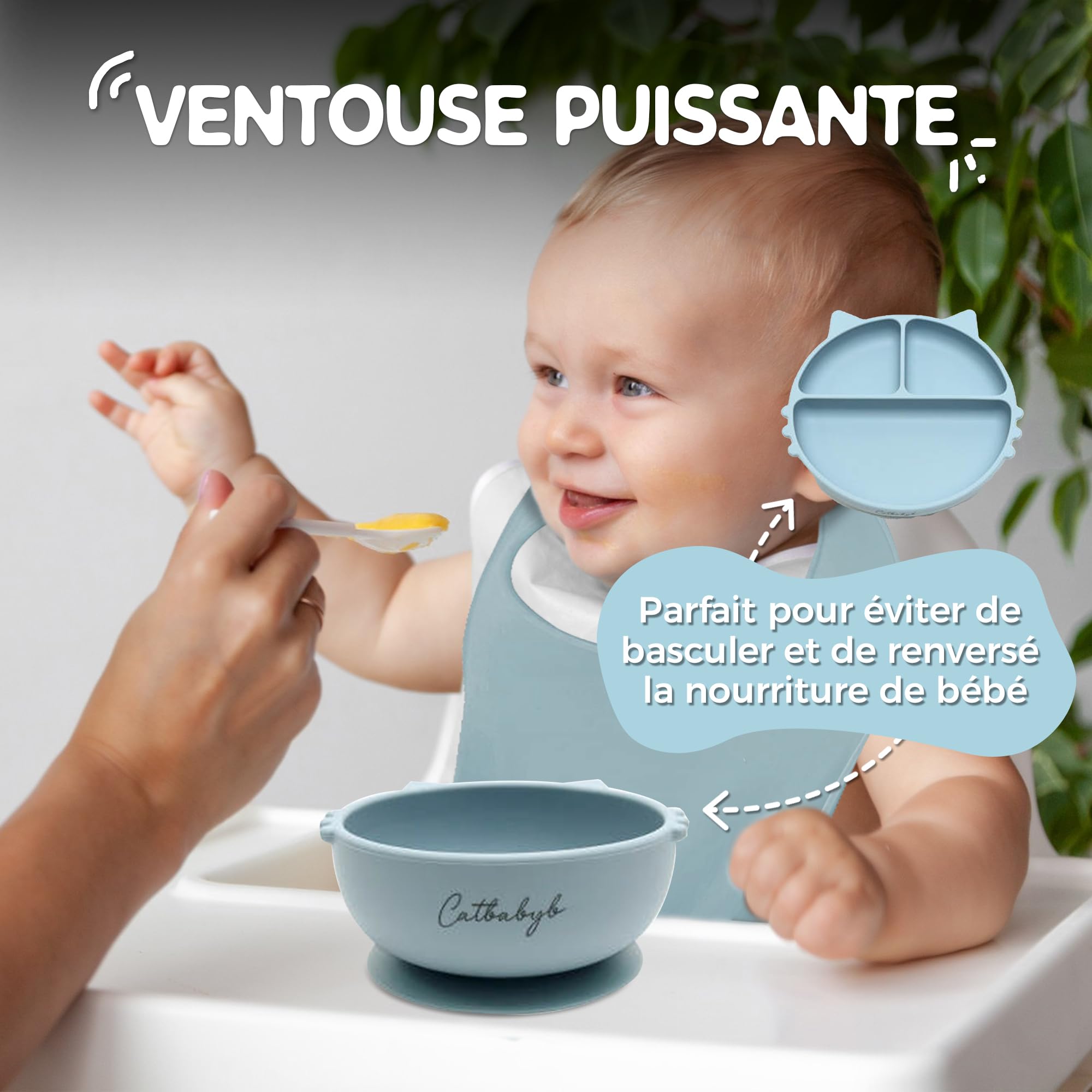 coffrets repas pour bébé Silicone, Lot de 6, Assiette Ventouse, 3 Compartiments pour Bébé, Set Couverts, Bol Ventouse, Bavoir Réglable, Tasse d’Apprentissage