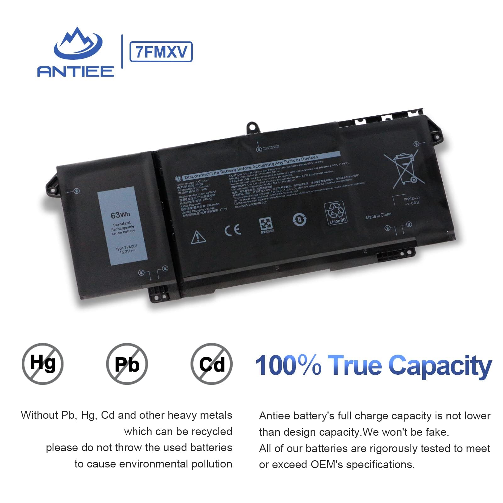 ANTIEE 63Wh 7FMXV Laptop Batería Replacement pour DELL Latitude 5320 7320 7420 7520 13 5320(2-in-1) Series TN2GY 0TN2GY 9JM71 4M1JN 1PP63 727CG HDGJ8 0HDGJ8 MHR4G CN-0727CG CN-0TN2GY 15.2V 4Cell