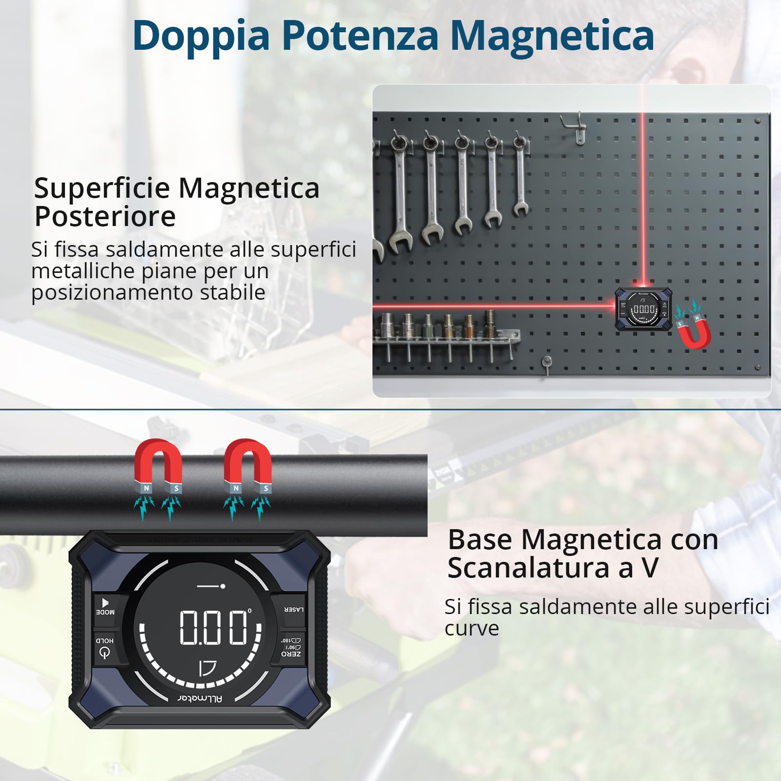 Livella Digitale Ricaricabile 3-in-1 con Doppia Linea Laser Rossa | Inclinometro Digitale 4×90° e 2×180° con Precisione ±0,1°/0,2° e Base Magnetica per Falegnameria, Lavori a Muro e Fai-da-Te