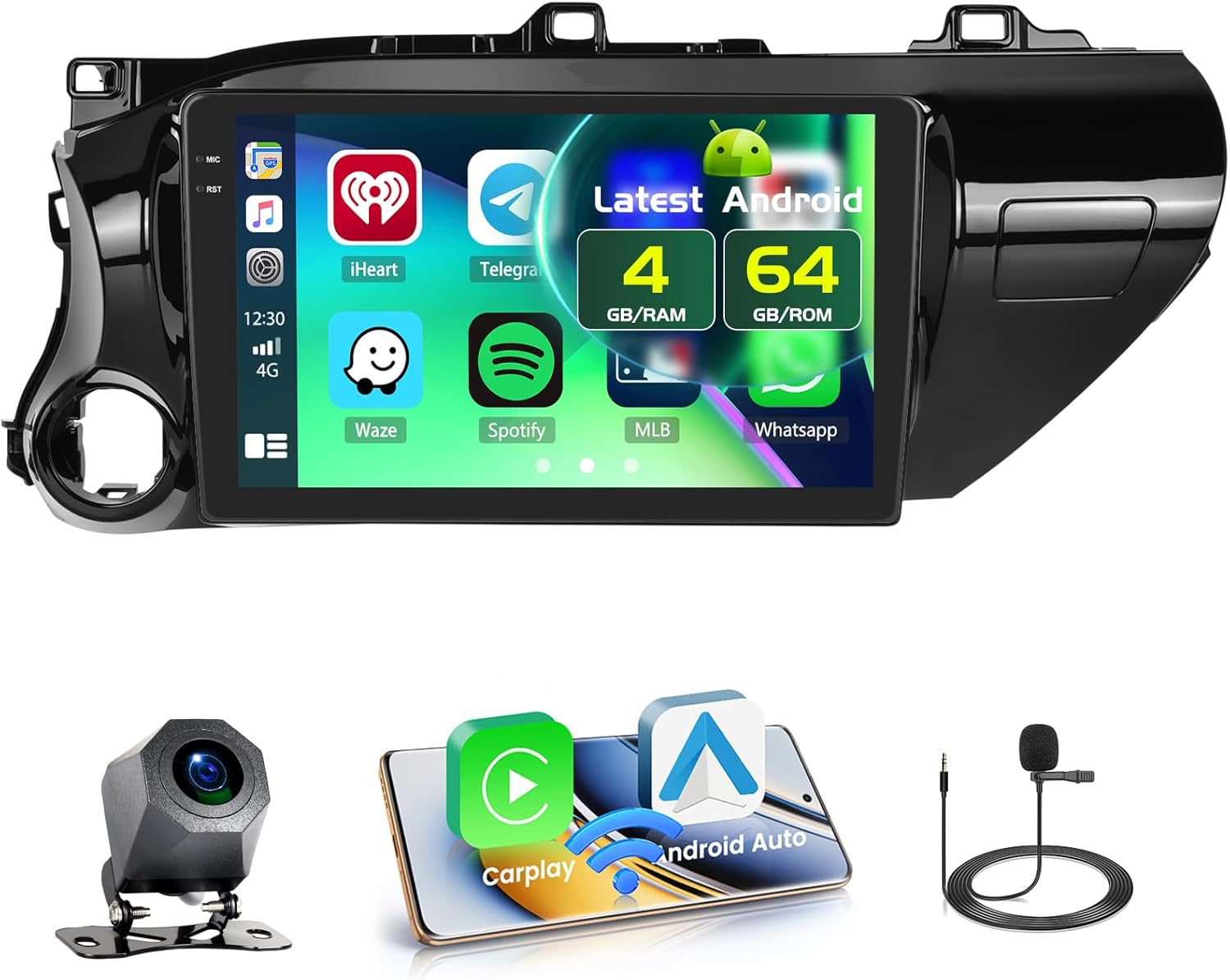 4+64GB Android 15 Car Stereo for Toyota Hilux 2015-2020 Wireless Carplay Android Auto, 10.1 Inch Incell Touch Screen Car Stereo with GPS, Backup Camera, Bluetooth, FM/RDS, EQ, WiFi, SWC