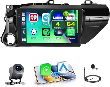 4+64GB Android 15 Car Stereo for Toyota Hilux 2015-2020 Wireless Carplay Android Auto, 10.1 Inch Incell Touch Screen Car Stereo with GPS, Backup Camera, Bluetooth, FM/RDS, EQ, WiFi, SWC
