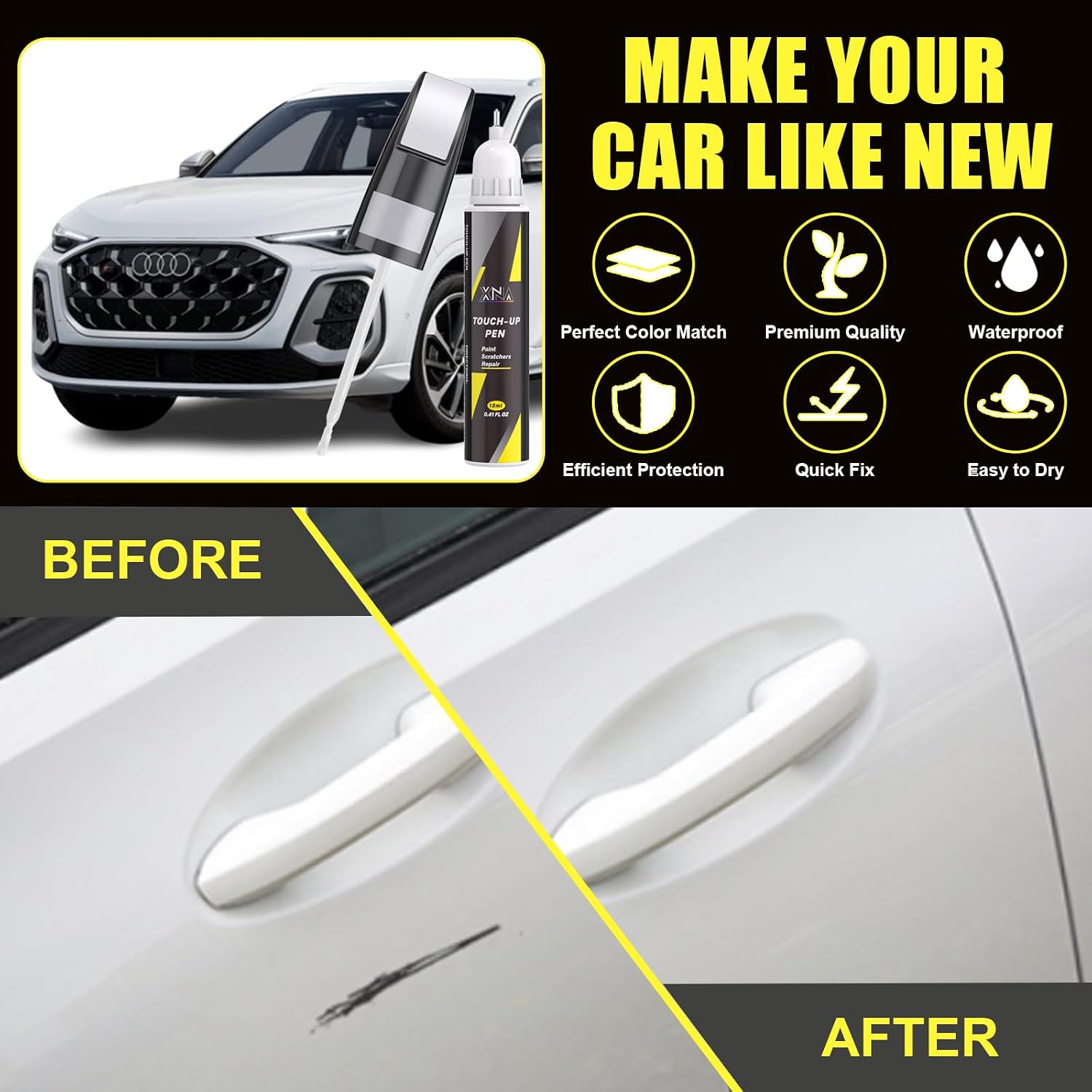 XNA Arkona White(LY9L/Z9) for Audi Touch Up Paint, Car Scratch Remover for Nicks and Chips Repair, 2-In-1 Quick & Easy Fix Car Scratch Repair Kit with Exact Color-Matched