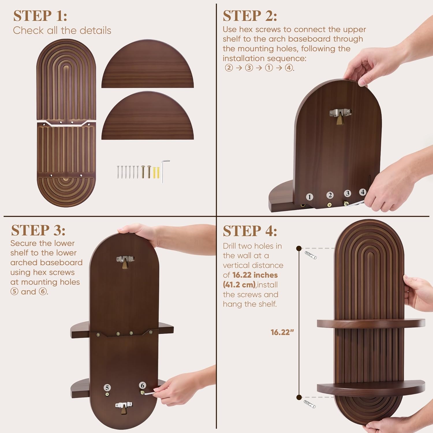 Mordern Wall Shelf with Arched Mid Century Art Boho Decor Design Floating Shelves for Home Bedroom Living Room Farmhouse Display Wall Plant Holder Decoration, 22 x 11.8 Inch, Walnut