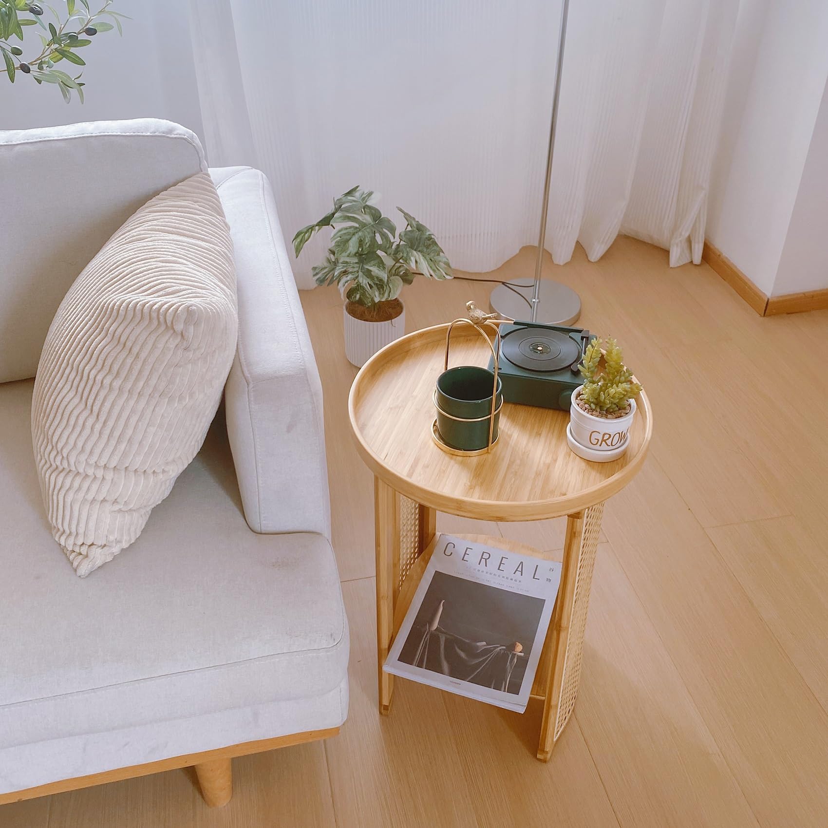 Table Basse Ronde En Rotin Et Bambou - 2 Niveaux, Rebord Surélevé, étagère Ouverte, Style Japonais (62x46cm, Beige) - 7