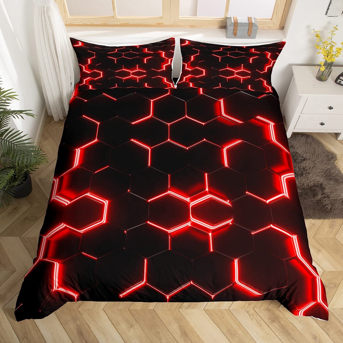 LoussiesdRed and Black Print Duvet Cover Double Size Boys Hexagonal Bedding Set Kids Teens Neon Glitter Honeycomb Decor Comforter Cover Beehive Simplistic Geometric Bed Set 3 PcsOEKO-TEX STANDARD 100