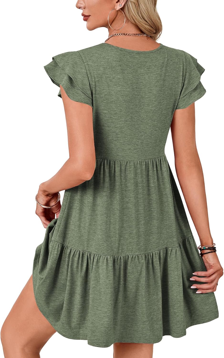 Vrtige Women's 2025 Summer Casual Mini Dress Crewneck Ruffle Short Sleeve Pleated A Line Short Dress Army Green Medium - Image 5