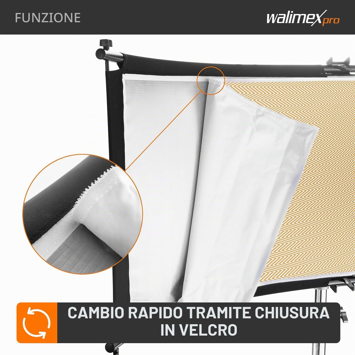 Walimex pro Riflettore concavo 3 in 1, 150 x 60 cm, per fotografia di moda e bellezza, 3 colori riflettori, argento, bianco Wavy Gold, con attacco spigot per treppiede, 22771