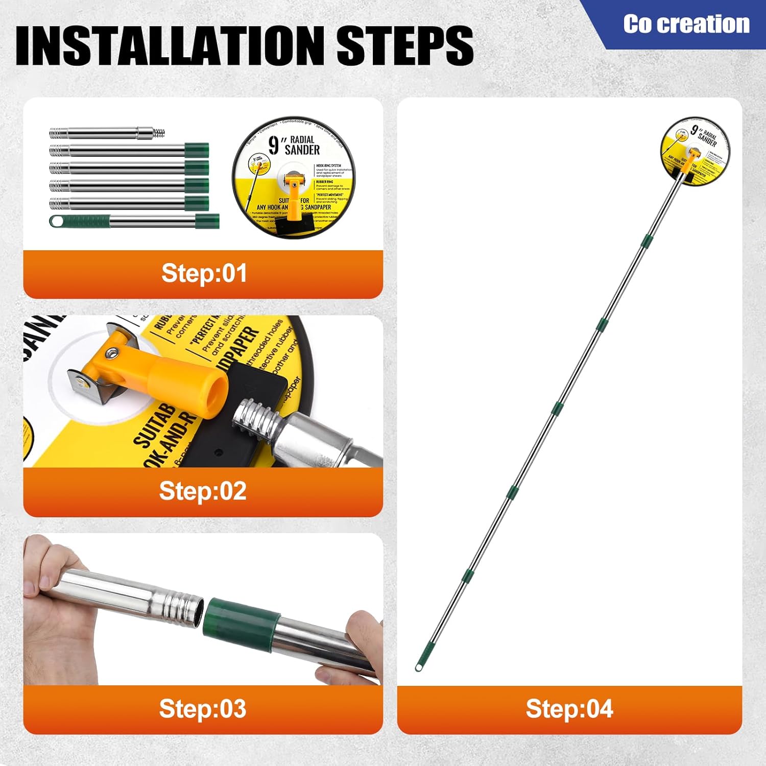 Pole Sander for Drywall, 89 Inch Adjustable Extension Pole, Bag, 360° Rotating Circular Sanding Head for Walls and Ceilings, 5Pcs Sanding Sheets, with Light Strip (80, 100, 120, 180, 240 Grit)