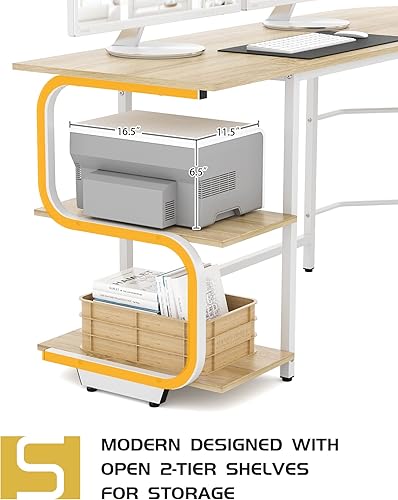 Miniatura 4 de Teraves Escritorio reversible en forma de L con estantes escritorio de esquina redonda mesa de juegos estación de trabajo para oficina en casa Marco