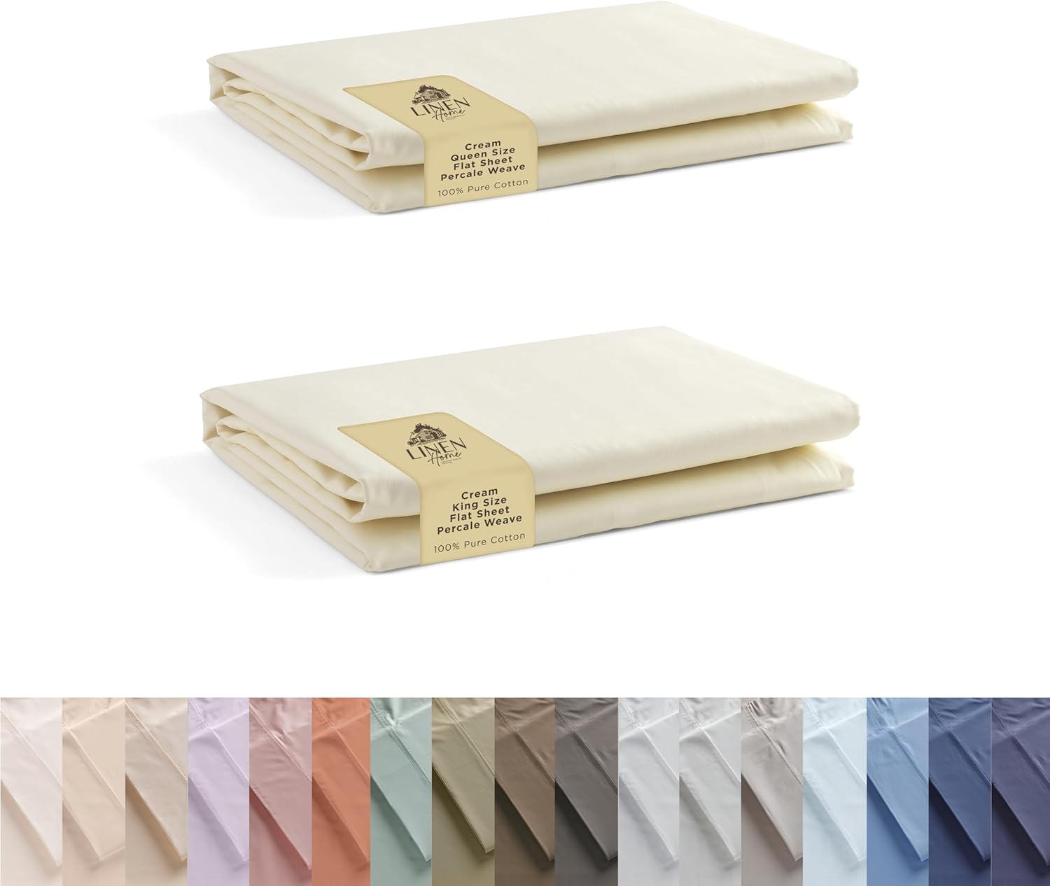 100% Cotton Percale Flat Sheet, Cream, 2 Flat Sheet, Crisp and Cool Strong Bed Linen, Luxury Breathable Sheet (King & Queen)