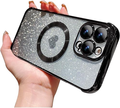 Funda magnética para iPhone 13 Pro Max con purpurina degradada compatible con MagSafe, funda transparente de corazón brillante con diseño de