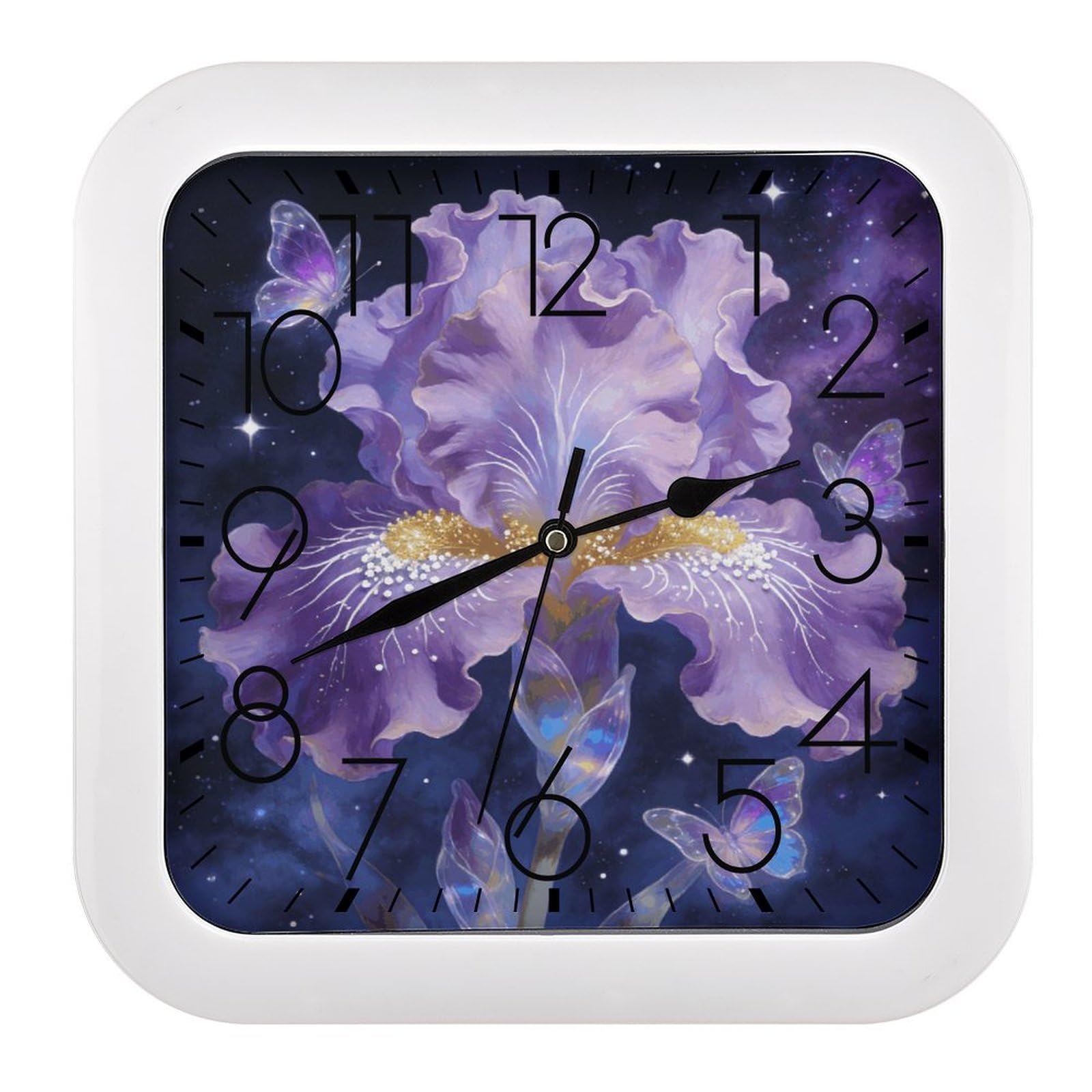 LZQPOEAS Purple Floal Square Wall Clock, 10.2 Inch Battery Operated Silent Non-Ticking Wall Clock, Square Analog Decorative Clock for Home Wall Art, Living Room, Bedroom, and Office