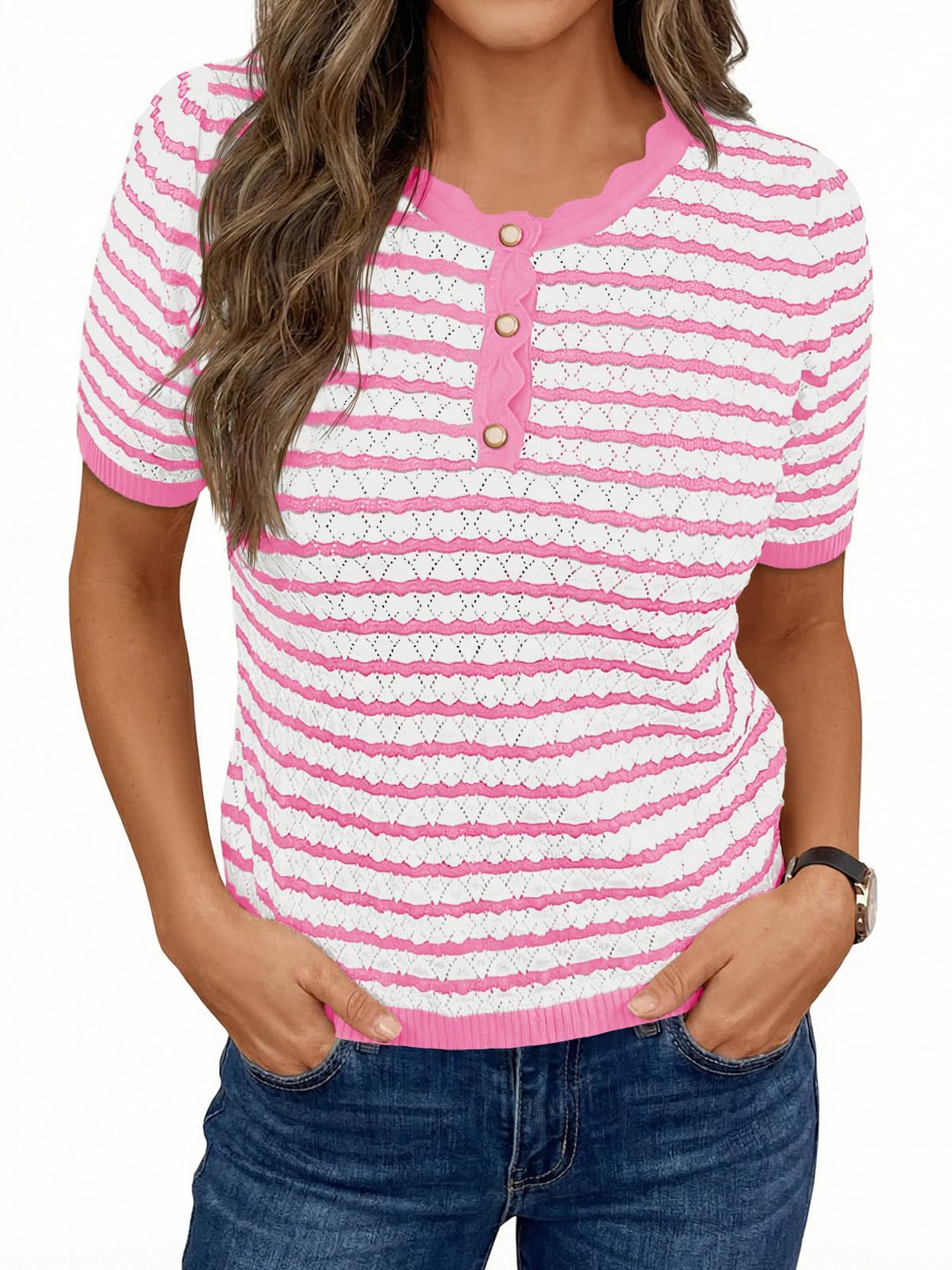 Womens Short Sleeve Sweaters Striped Henley Knit Shirts Casual Summer Crochet Lightweight Pullover Tops-image-0