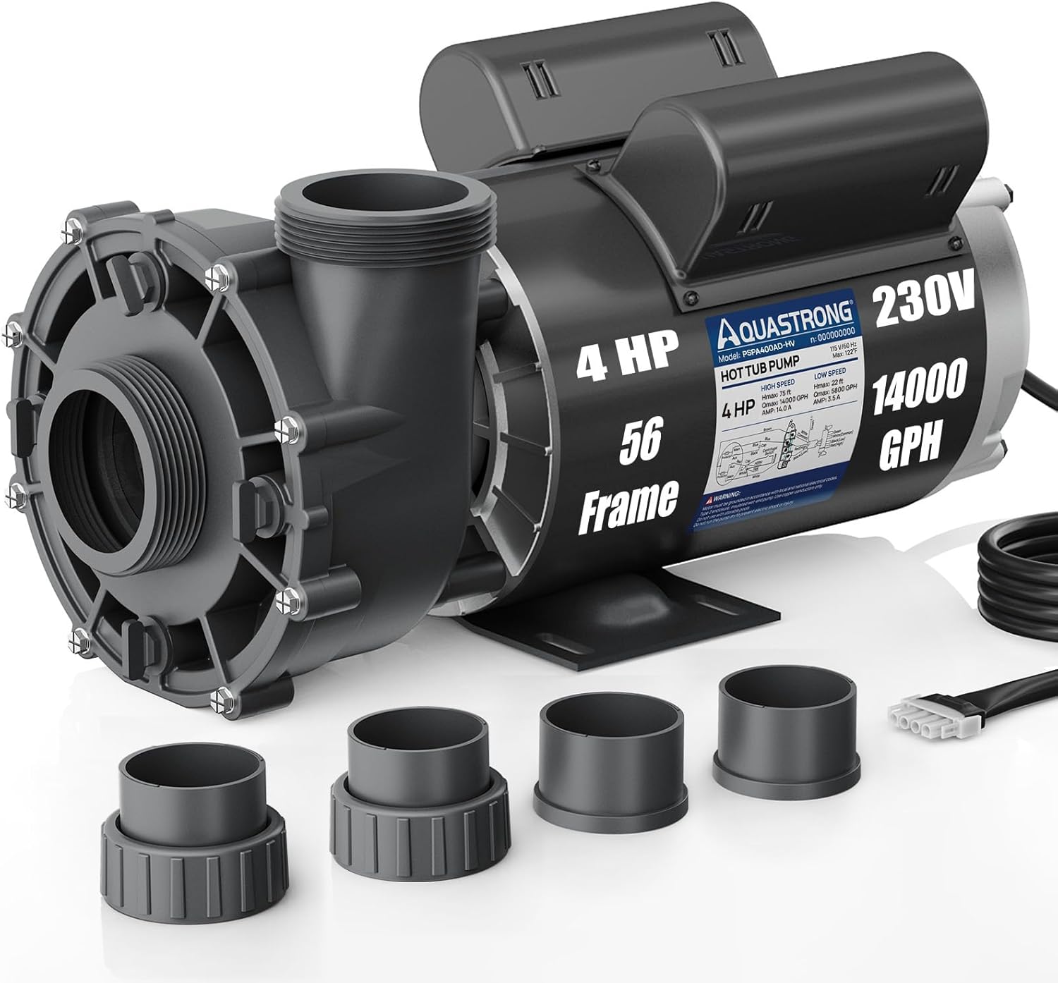 Aquastrong SPA Pump, Dual Speed Hot Tub Pump, Pure Copper Motor, Low Noise, Easy Installation with 1.5" & 2" Adapters, 90° Rotating Inlet & Outlet, Compatible with Hot Tubs & Spa Systems, Grey