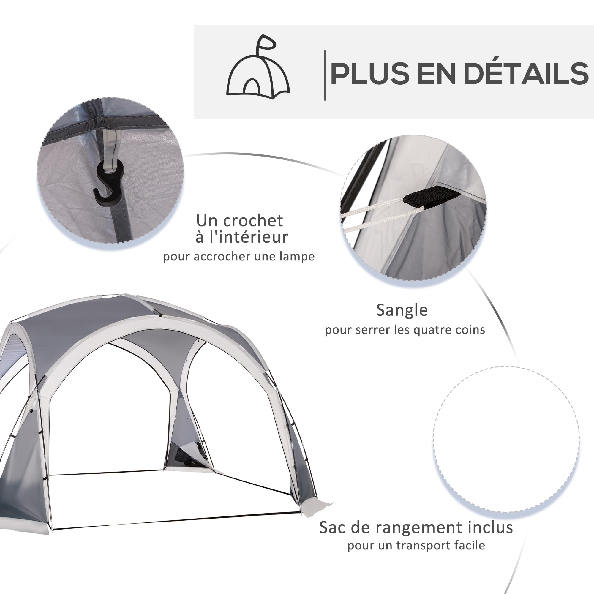 Outsunny Tente de Camping dôme familiale pour 6-8 Personnes avec 4 Portes en Filet zippées, Tissu Oxford Amovible, Crochet pour Lampe, Sac de Transport dim. 350L x 350l x 230H cm - Blanc et Gris