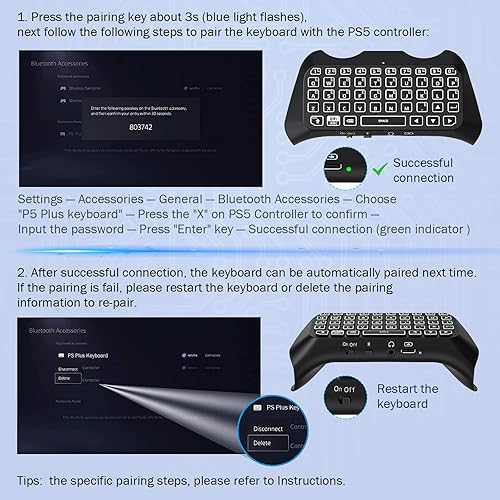 Miniatura 8 de MoKo Teclado para controlador PS5 con retroiluminación verde, mini teclado inalámbrico Bluetooth para Playstation 5, altavoz incorporado y conector