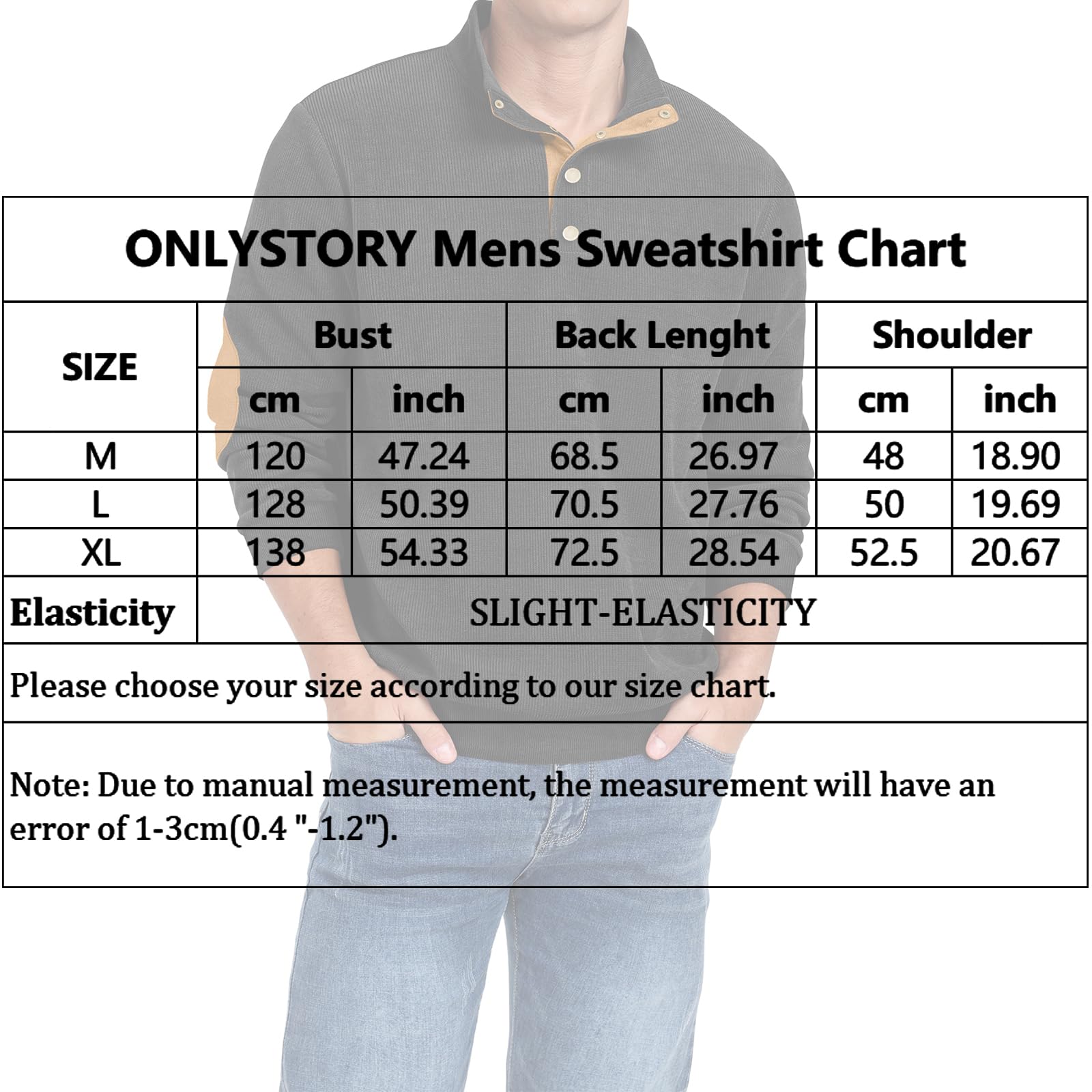 ONLYSTORY Męska bluza sztruksowa na co dzień z długim rękawem stójka 1/4 zapinany na guziki sweter jesienne swetry polo