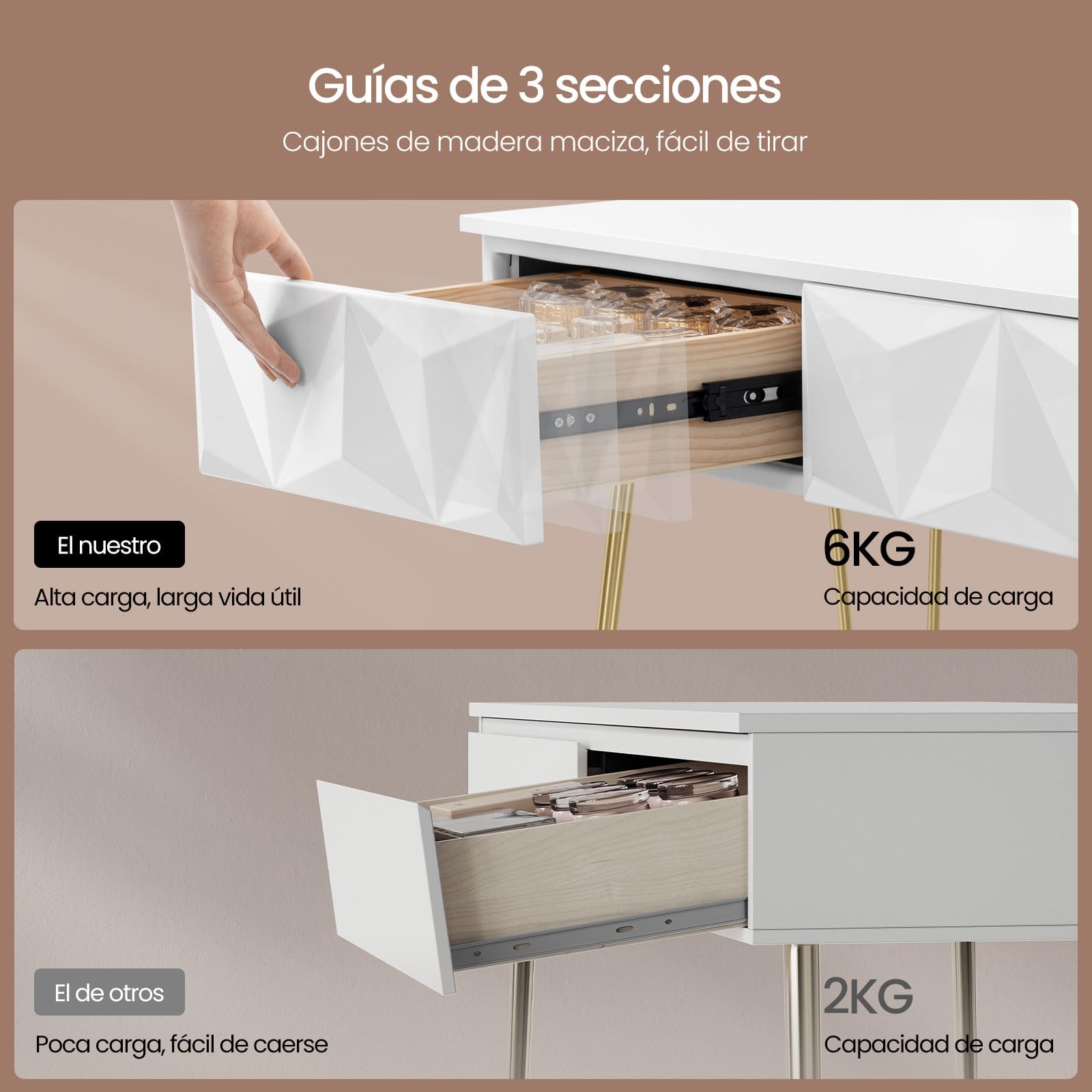 EUGAD Tocador de Maquillaje con Luz y Taburete, Conjunto de Tocador con Espejo con Silla Terciopelo, con 2 Cajones, Blanco + Dorado, 0056SZT