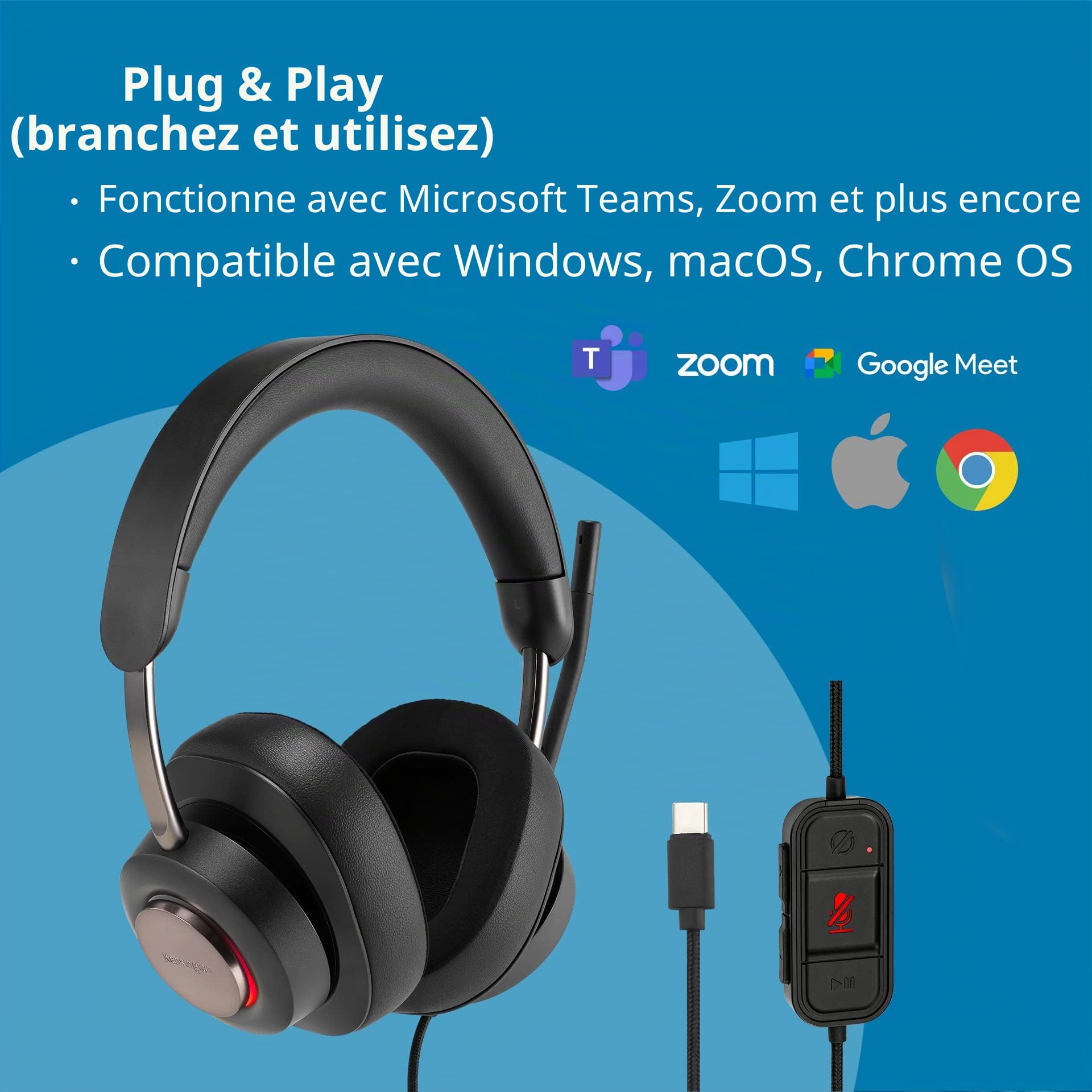 Kensington H2000 - Casque Audio USB-C avec Micro, Compatible avec Windows & Mac, avec Technologie Antibruit & Câble de 1,8 m (K83451WW)