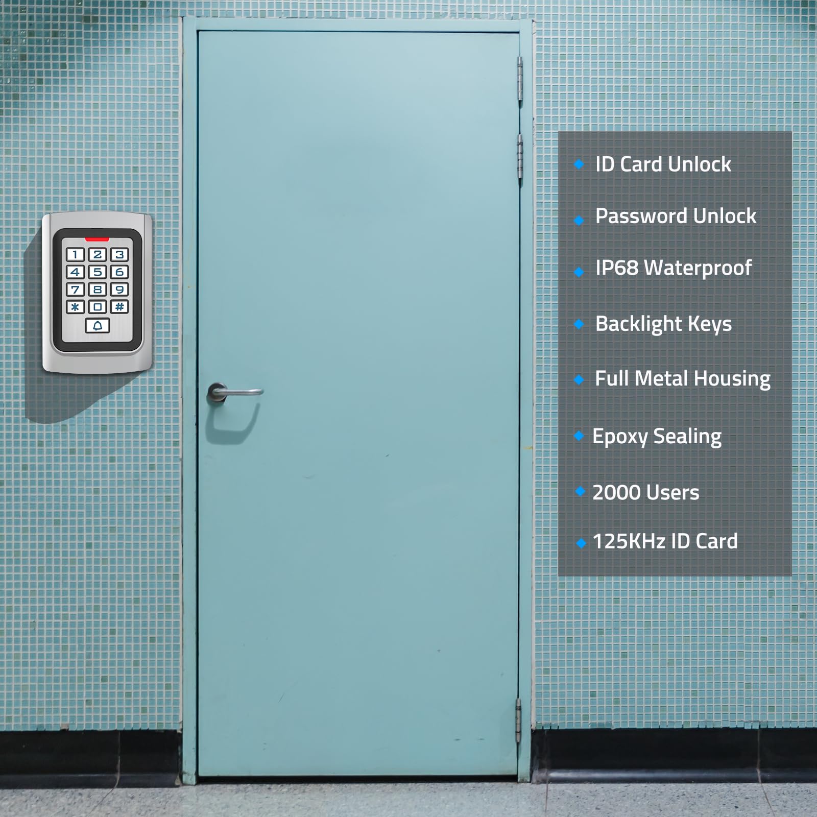 Zugangskontrolltastatur, kabelgebundene Türtastatur, ID-Karte, PIN-Code-Tastenblock, IP68 wasserdicht, 2000 Benutzer, Metallgehäuse, Hintergrundbeleuchtung für Garage, schlüsselloser Eingang