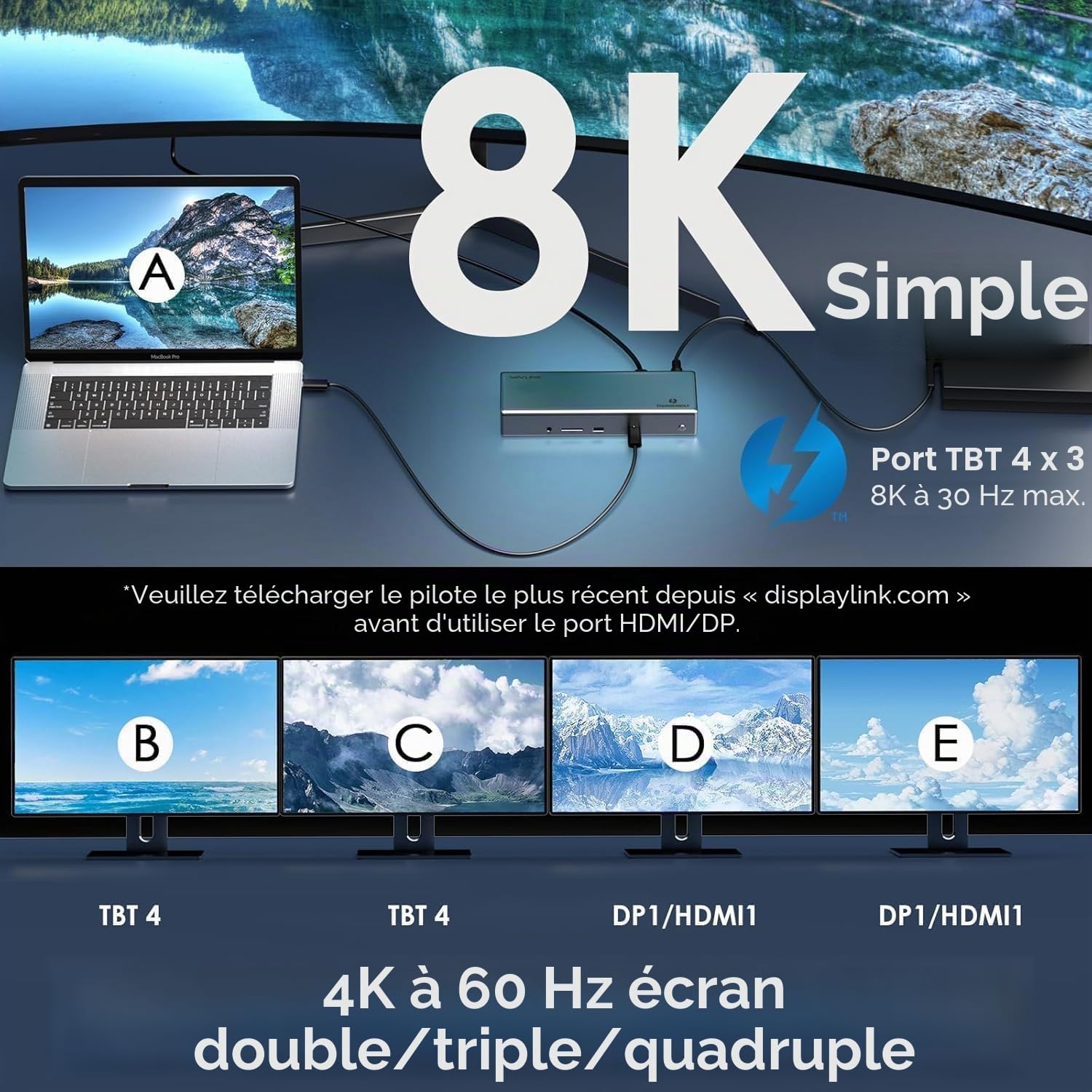 WAVLINK Thunderbolt 4 Dock 40Gbps, 96W PD, 8K/Quad 4K, pour Mac & Windows