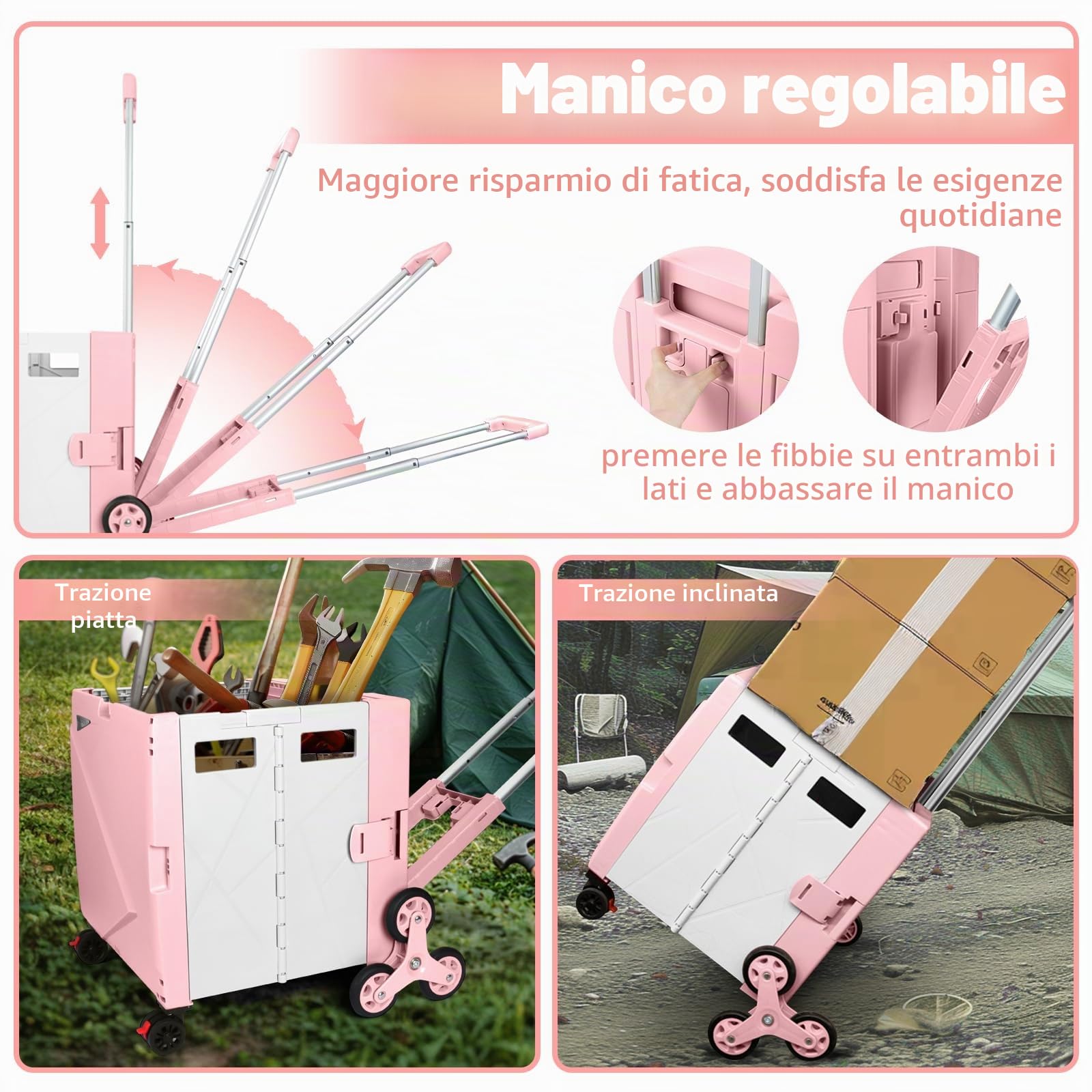 LexonElec x SELORSS Carrello della Spesa Pieghevole con Ruote Saliscale, Manico Telescopico Regolabile in Alluminio e Coperchio, Scatola Utile Pieghevole, Carrello Portatile, 90KG/76L - Rosa Bianco