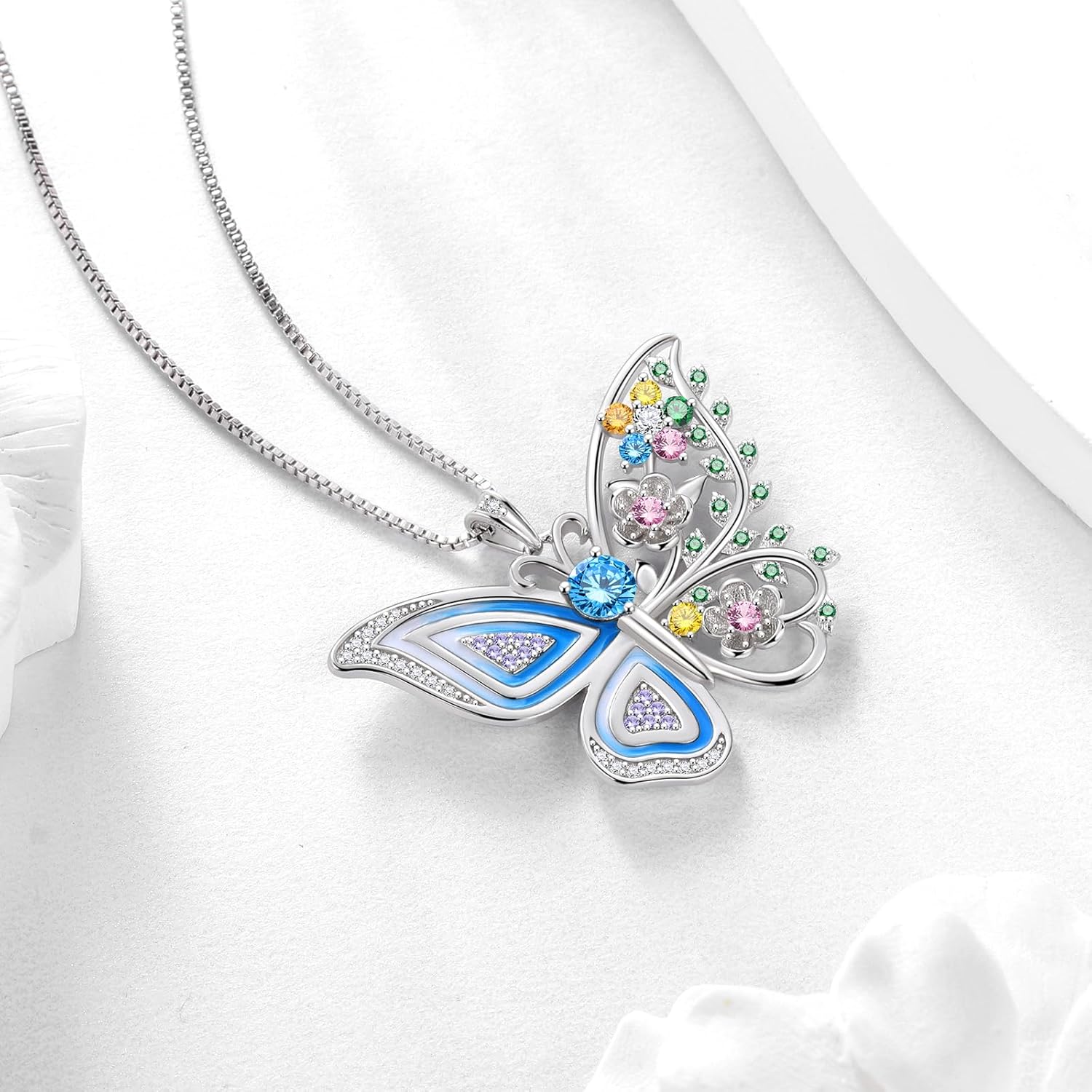 Aurora Tears 925 Sterling Silver Butterfly Flower Pendant Necklace - Colorful Enamel Zircon Adjustable Chain Jewelry Gift for Women Her - Image 2