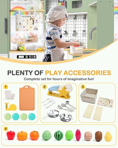 Vista 4 de Babytronic Juego de Cocina de Esquina de Madera para Niños con Luces y Sonidos, Juego de Cocina de Simulación con Estufa, Microondas, Máquina