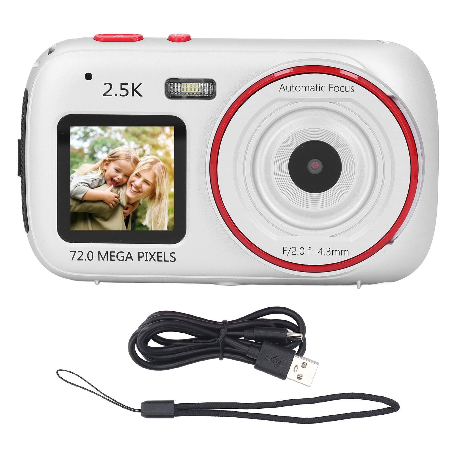 Fotocamera Digitale 2,5K per Fotografia, Fotocamera Selfie da Viaggio con Messa a Fuoco Automatica con Doppio Schermo, Fotocamera per Vlogging con Zoom Digitale 16X (SILVER)