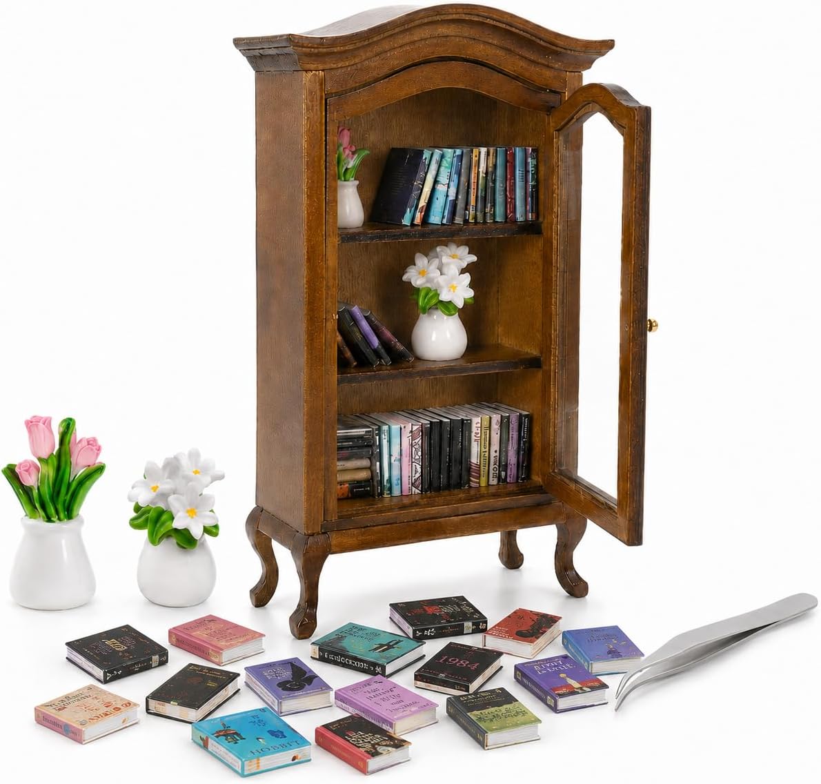 AceList Anxiety Bookshelf Mini with 2 Floral Pots & 60 Books, Vintage Style
