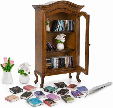 AceList Anxiety Bookshelf Mini with 2 Floral Pots & 60 Books, Vintage Style