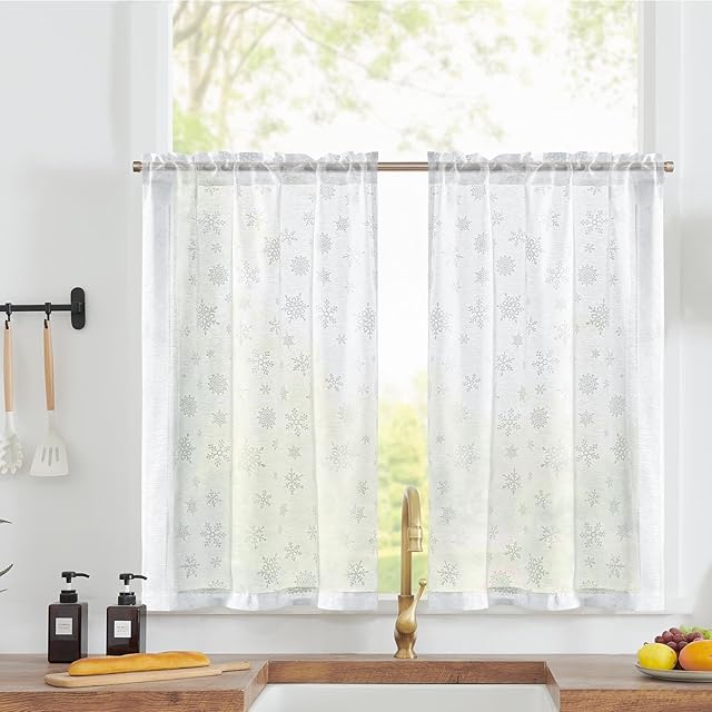 TOPICK White Sheer Curtains Christmas Snowflake Kitchen Curtains for Living Room Bathroom 36 Inch Snow Print Small Short Voile Curtains Rod Pocket Light-Filtering Curtains 2 Panels