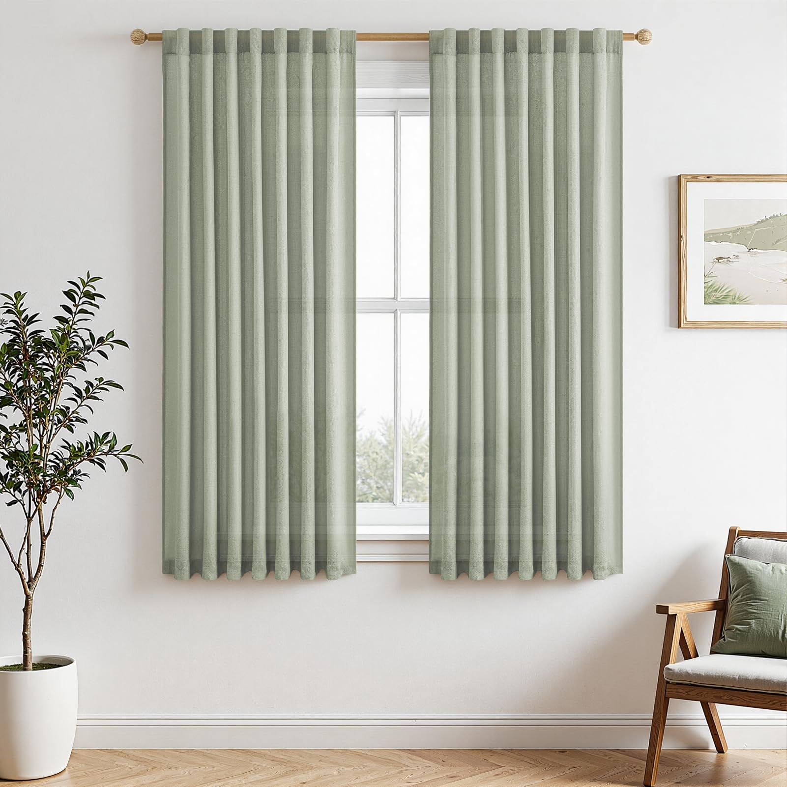 Cortinas verdes lino cortas MRTREES de 140x180 cm semitransparentes