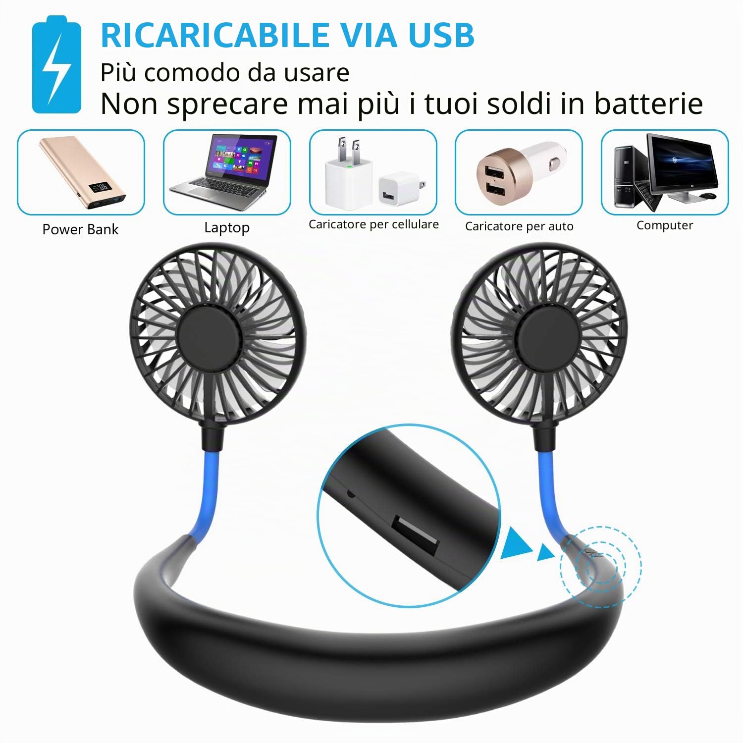 Mini ventilatore portatile da collo, mani libere, ricaricabile tramite USB, con fascia da collo, ventilatore per collana, ventilatore con doppia testa del vento, impostazioni a 3 velocità, per viaggi,